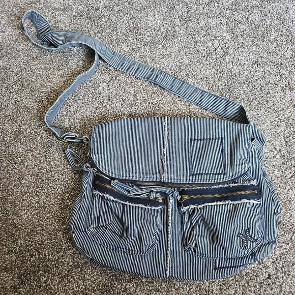 Hurley Blue Heathered Gray Crossbody Foldable Tote Bag With Zippers & Buttons - Picture 1 of 10